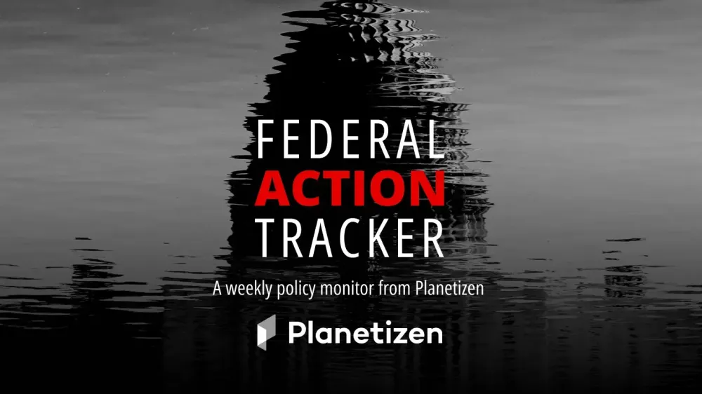 Logo for Planetizen Federal Action Tracker with black and white image of U.S. Capitol with water ripple overlay.